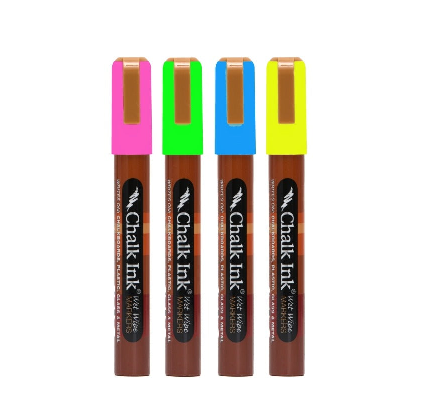 6mm Fluorescent 4 Pack Wet Wipe Markers Chalk Ink Markers
