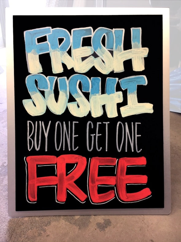 Image of 11"x17" Chalk Ink aluminum countertop chalkboard sign with fresh sushi written with Chalk Ink wet wipe markers