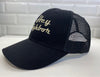 Hey Neighbor embroidered 6 panel retro trucker hat side view