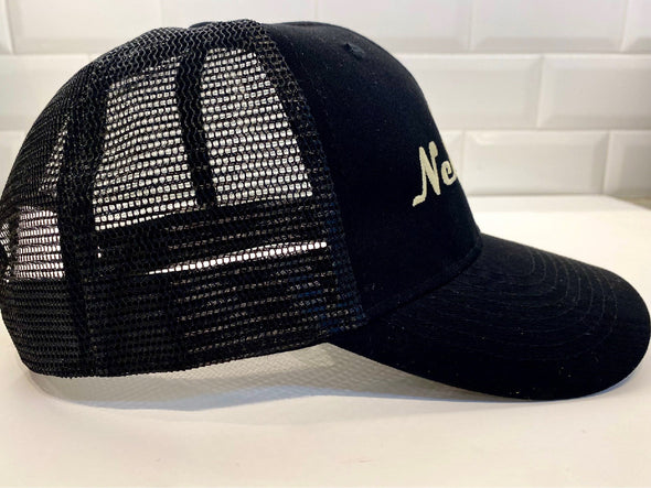 Hey Neighbor embroidered 6 panel retro trucker cap side view