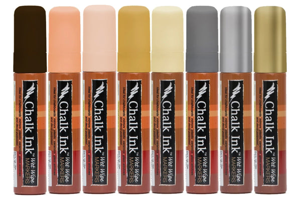 Image of product Hip Hop Lunar Rock 15mm bold tip variety pack of Chalk Ink liquid chalk markers in colors Cigar, Parkers Dreamsicle, Grapefruit, Dijon, Stick o'butter, Dolphin, Sheet Metal and Solid Gold Dancer