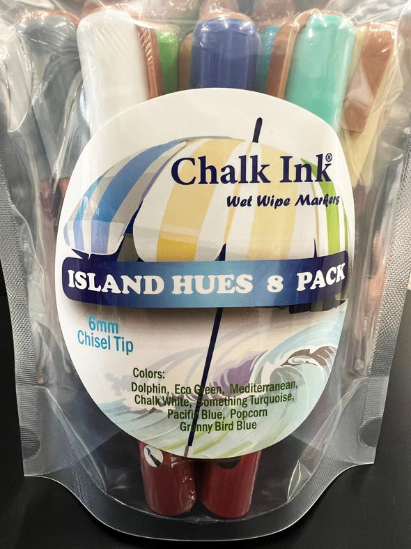 Closeup image of chalk ink island hues assorted liquid chalk marker packaging
