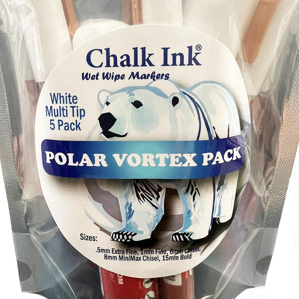 Closeup image of the front label on Chalk ink polar vortex multi tip white chalk marker packaging