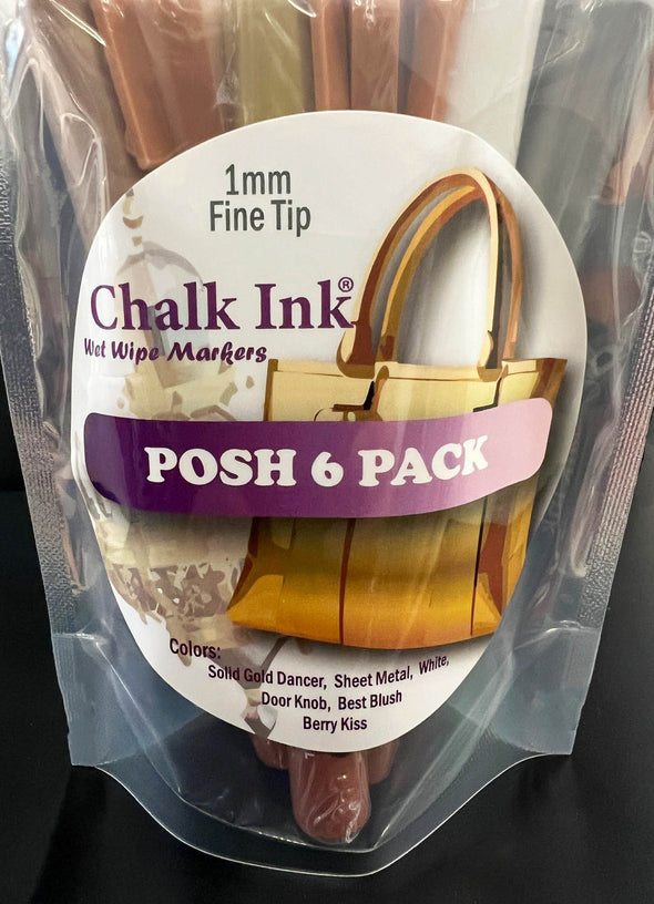 Closeup product image of chalk ink liquid chalk variety posh pack packaging with gold colored handbag and chandelier on label