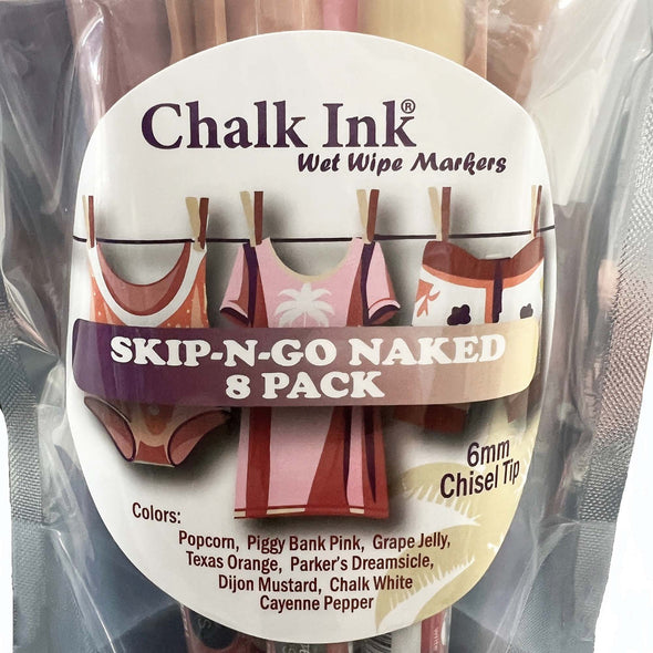 Closeup product image of chalk ink variety pack of liquid chalk markers with the words skip-n-go naked 8 pack on packaging label