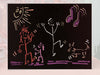 Image of a drawing on a black chalkboard of stick figures dancing 