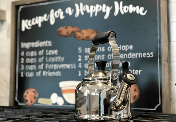 Image of silver tea kettle on stovetop with menu chalkboard in background with Chalk Ink white marker written recipe for cookies