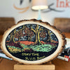 Image of a round wood board decorated with black matte chalkboard paint and a drawn fairytale woods scene and the words story time BYO Book written at the bottom using chalk ink liquid chalk markers