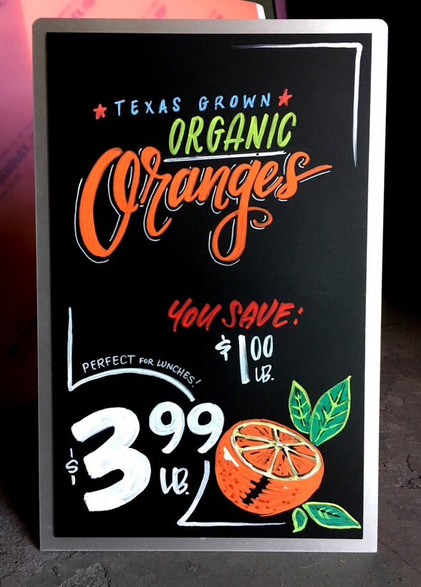 Image of Chalk Ink countertop chalkboard with organic oranges artwork using Chalk Ink 6mm Astroturf Green marker