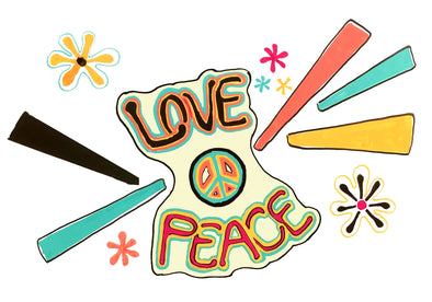 love & peace artwork using Chalk Ink liquid chalk markers illustrated on a white chalkboard with retro 70's colors