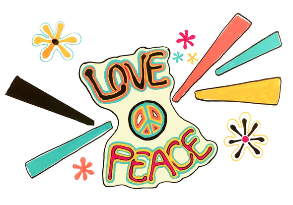 love & peace artwork using Chalk Ink liquid chalk markers illustrated on a white chalkboard with retro 70's colors