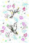 Image of delicate hummingbirds and abstract flowers using black ink and fluorescent chalk ink liquid chalk marker colors
