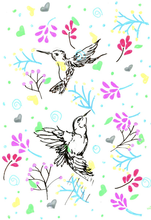 Image of delicate hummingbirds and abstract flowers using black ink and fluorescent chalk ink liquid chalk marker colors