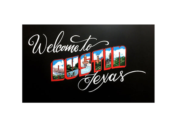 Image of welcome to Austin Texas artwork using Chalk Ink 6mm Astroturf Green Artista Pro chalk markers