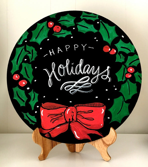 Image of Chalk Ink circle chalkboard with holiday wreath artwork using Chalk Ink 6mm Astroturf Green marker